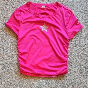 SHEIN Bright Pink Short Sleeve Tee with Silver Star Accent